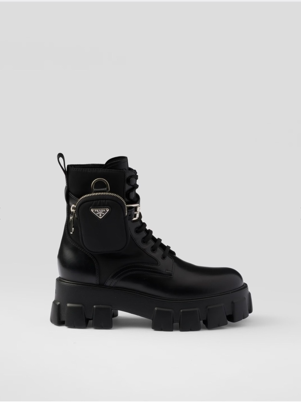 Prada Black Leather Lug-Sole Lace-Up Boot with Mini Pouch